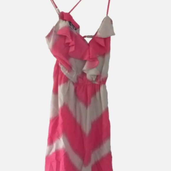 Sequin Hearts Strappy Dress Sz S Pink Tan Chevron Fit Flare Ruffle NEW - Picture 8 of 15